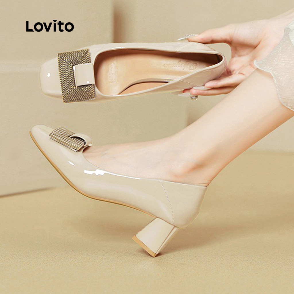 Lovito สง่างามสีพื้นการเดินทางBlock ส้น Pumps Solid Square ปลายเท้า Mirror Patent ส้นs สําหรับผู้หญิง LFA82144