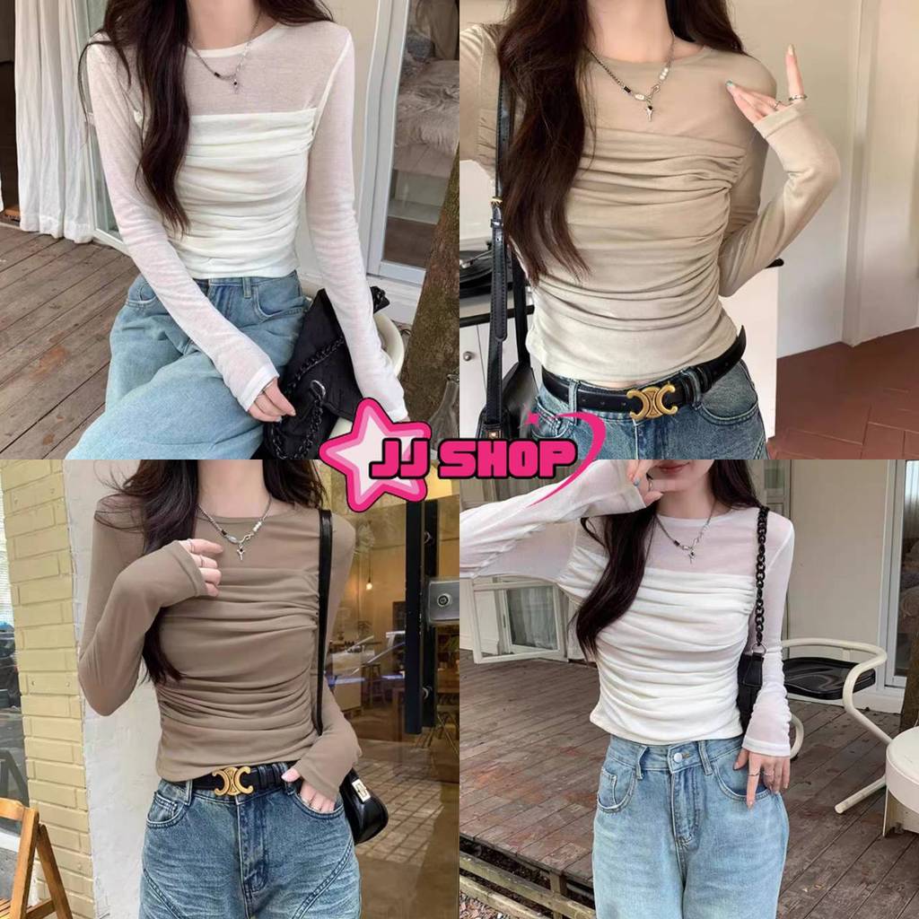 JJ shop💜พร้อมส่ง เสื้อแขนยาว คอกลม น่ารักมากๆดีเทลแต่งซีทรูบางเบาใส่สบายมาก "FY0826"