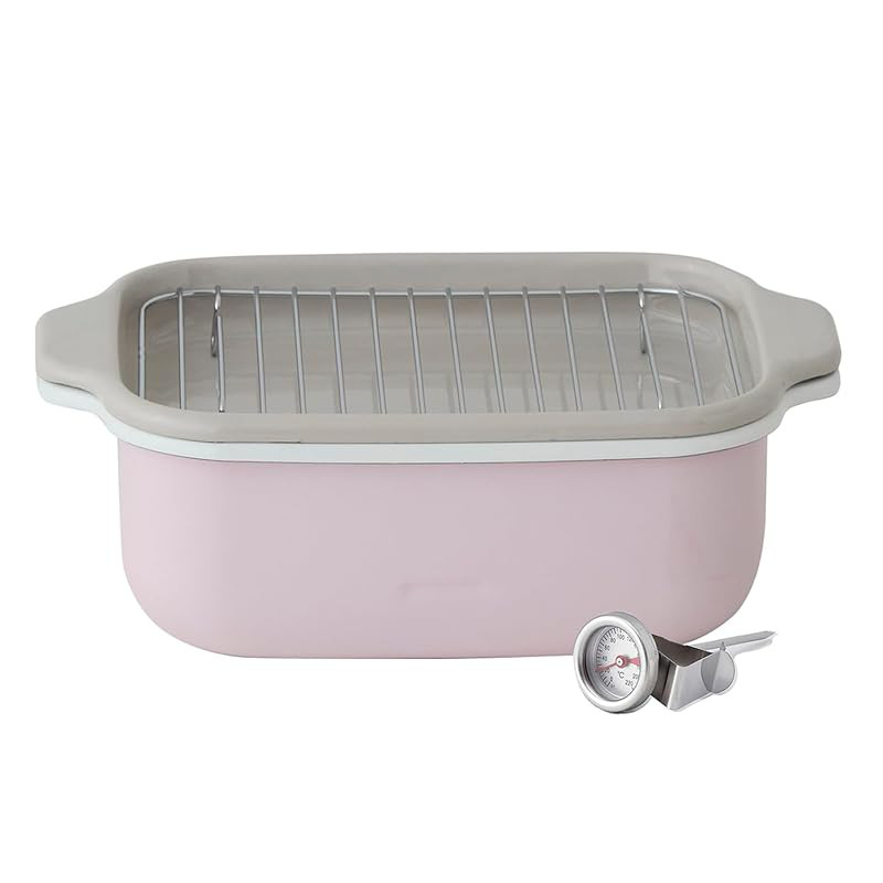 Versatile Pink Square Tempura Frying Pot Set with Thermometer, Frying Basket, and Tray - Perfect for