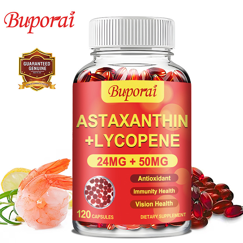 Buporai 24mg Astaxanthin + 50mg Lycopene ผลิตภัณฑ์เสริมอาหาร สารต้านอนุมูลอิสระ ภูมิคุ้มกัน และวิสัยทัศน์สุขภาพ - 30/60/120 แคปซูล ผลิตในประเทศสหรัฐอเมริกา