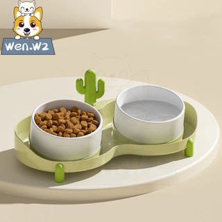 wen.W2 ชามน้ำสำหรับสุนัขชามเซรามิกชามอาหารแมวป้องกันกระดูกสันหลังแตกหักปากเอียงถ้วยสุนัข 2 ใบชามใส่น้ำ