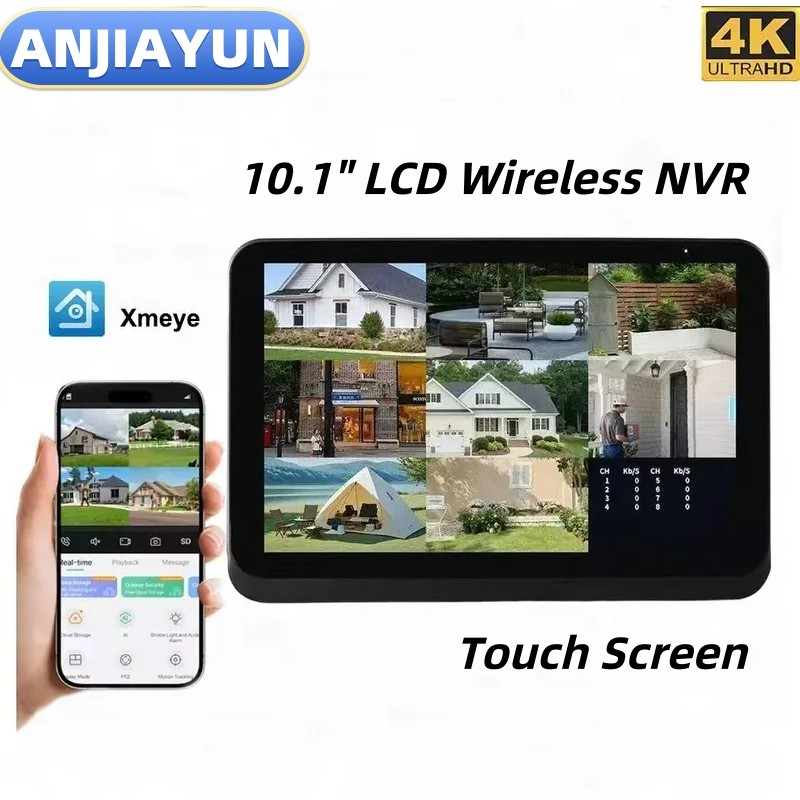 ANJIAYUN 8CH ระบบ NVR ไร้สายพร้อมจอภาพ LCD ขนาด 10.1 นิ้ว Home Security Recorder การเฝ้าระวังวิดีโอ 