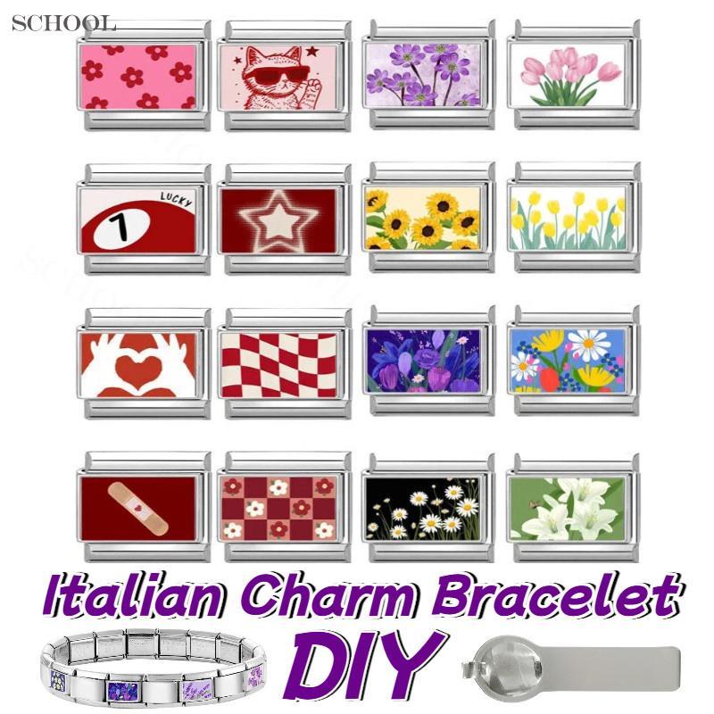 สร้อยข้อมือ charm สีชมพู แบบอิตาเลียนพิมพ์ ขนาด 9 มม., สแตนเลส DIY เครื่องประดับ สไตล์เรโทร
