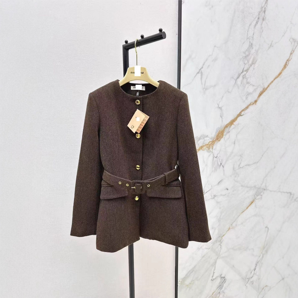 KW7F MIU*MM 25Autumn and Winter Women's Clothing Vintage Design Wool Twill Round Neck Coat