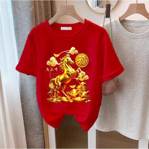 CNY เสื้อยืดตรุษจีน FUK HOKI 2026 เสื้อยืดม้าผู้หญิง tops35+/