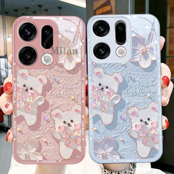 สำหรับ OPPO Find X9 X8 เคส OPPO Find X9 X8 Pro เคสมือถือกระจกเหลวรูปโบว์รูปหมีสีน้ำมัน เคสคลุมเต็มตัว กันกระแทก หรูหรา