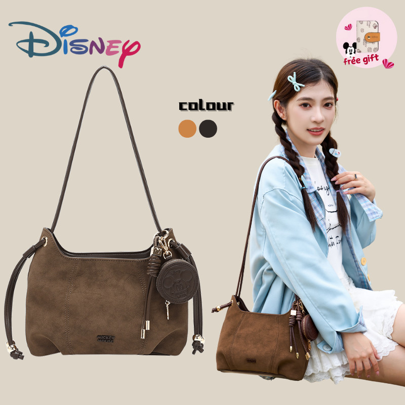 Disney ของแท้ Mickey Mouse Series กระเป๋าสะพายข้างPU สไตล์เรียบหรู สายคล้องไหล่ถอดได้
