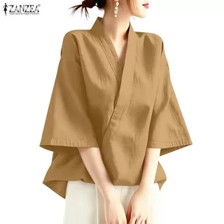 ZANZEA ซานเซีย ผู้หญิงแฟชั่นเกาหลีครอสโอเวอร์คอวีสามไตรมาสแขนเสื้อกิโมโนจีนสมัยใหม่