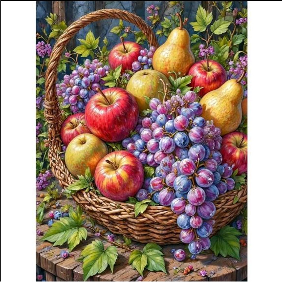 【90x70cm-9CT】ปักครอสติส 2025 ตะกร้าไม้ไผ่สไตล์ใหม่ผลไม้สด แอปเปิล ปักมือองุ่น