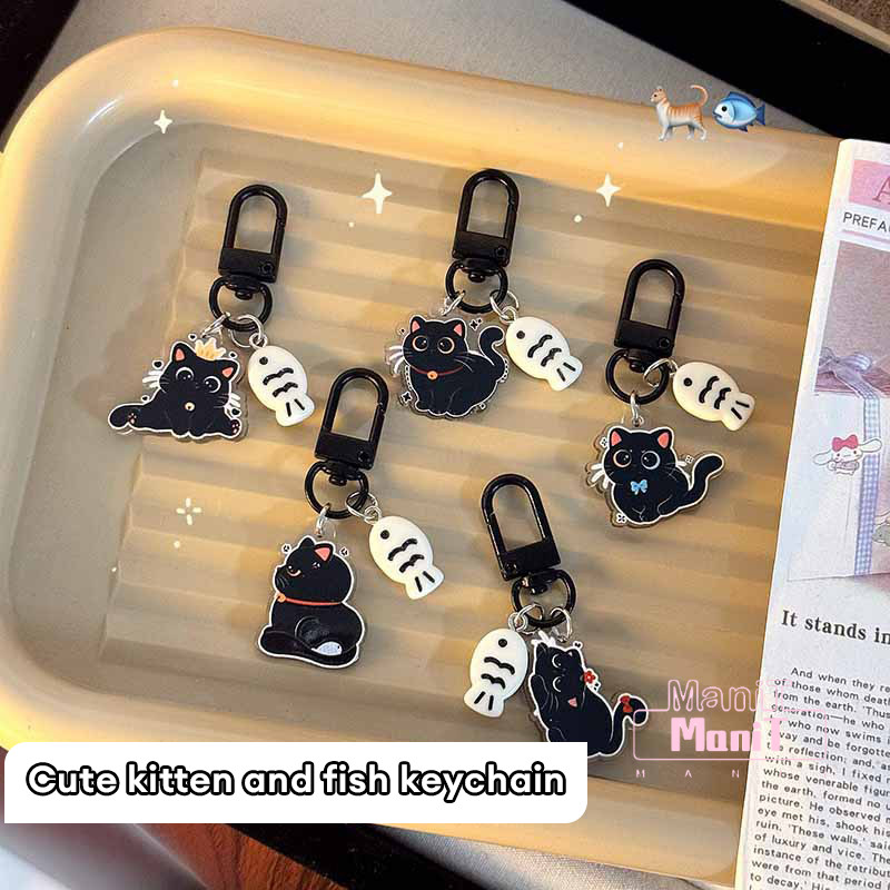 [MTech]พวงกุญแจรูปแมวดำปลาน้อยสองด้าน จี้รูปการ์ตูนน่ารัก อะคริลิก