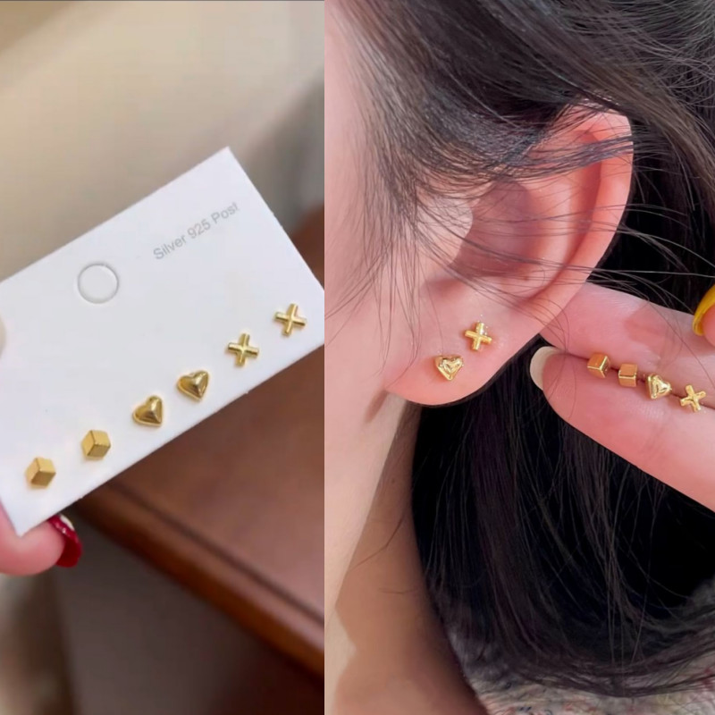 ชุดต่างหูสตั๊ด 6 ชิ้น สไตล์หัวใจสีทอง สำหรับผู้หญิง เสริมความสวยงามให้แฟชั่นของคุณ