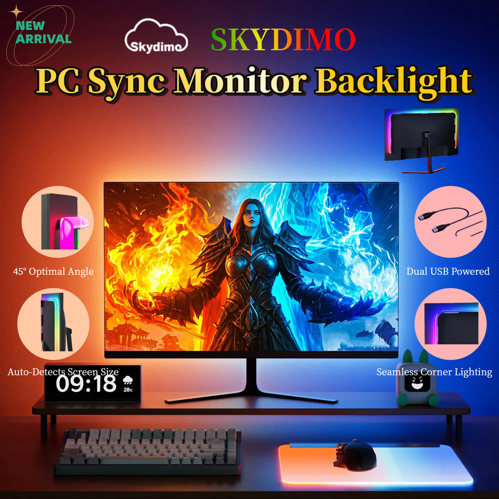 [อัพเกรด] SKYDIMO Unibody Monitor Backlight สําหรับ 24 "/27"/32"/34" Ultrawide, 45° เรืองแสงกว้าง, USB คู่, ซิงค์หน้าจออัจฉริยะและโหมดดนตรี RGB Ambient Light