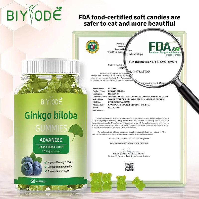 BIYODE 120 มก. Ginkgo Biloba Extract/Ginkgo Biloba Gummies มังสวิรัติขยาย/ดีสําหรับ Thebrain ปรับปรุ