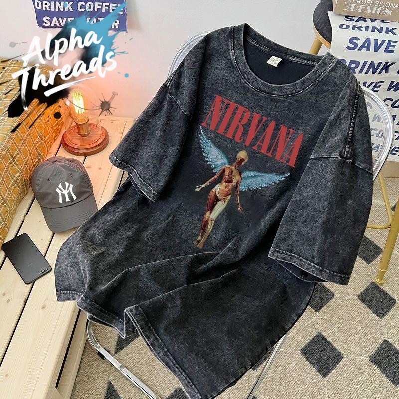(จัดส่งตลอด 24 ชั่วโมง)ผ้าฝ้าย100% Nirvana วงดนตรี เสื้อยืดผ้าฟอก oversize ผ้าคอตตอน100% สไตส์อเมริกา I001113