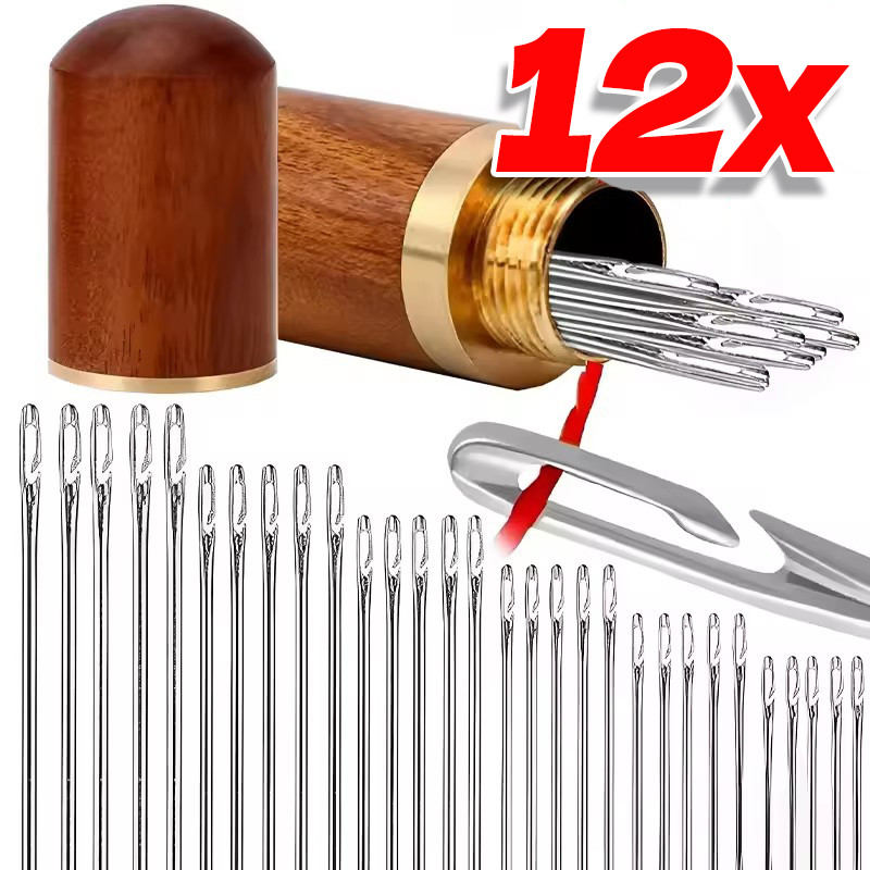 12ชิ้นผู้สูงอายุสแตนเลสอย่างรวดเร็วอัตโนมัติตนเองด้ายเข็ม-ด้านหลุมเข็มเย็บผ้าตาบอดที่มีกล่องเก็บไม้