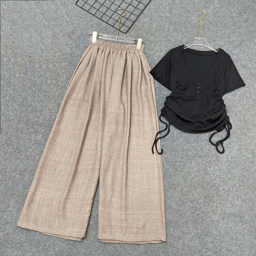 Set BIGSIZE เสื้อยืดเล็กเอวมีเชือกรูดและกางเกงขากว้างผ้าหวายคุณภาพสูง 55-93kg- A309+Q564