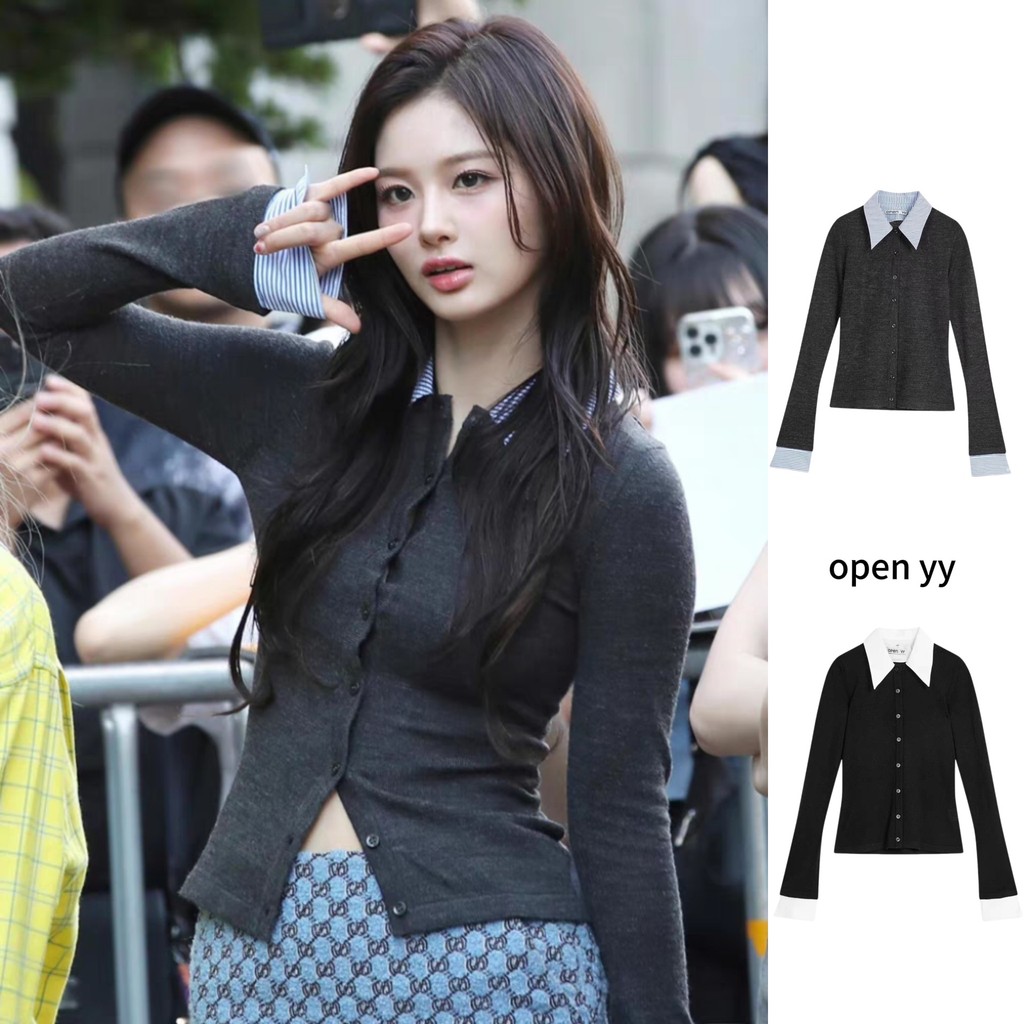 🚗พร้อมส่ง👚open yy ลายทางการต่อเสื้อสเวตเตอร์ปลอมสองชิ้น可拆卸修身休闲羊毛针织衫女