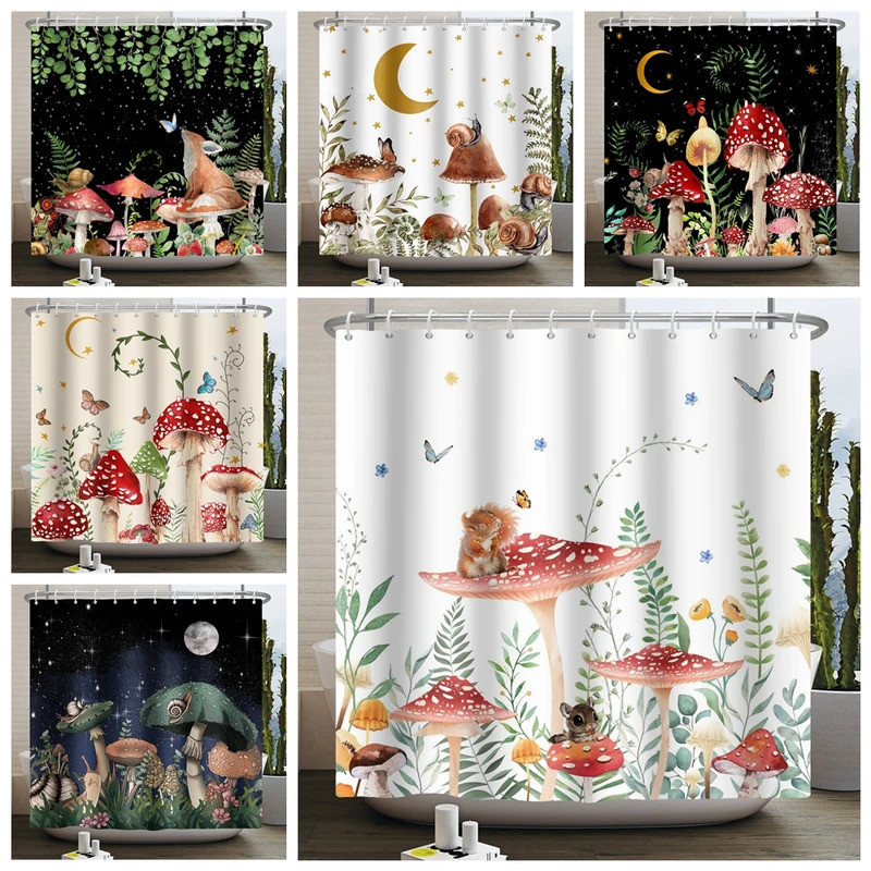 Mushroom Shower Curtain Flower Green Leaf Plant Forest Butterfly Botanical Floral Squirrel Aesthetic