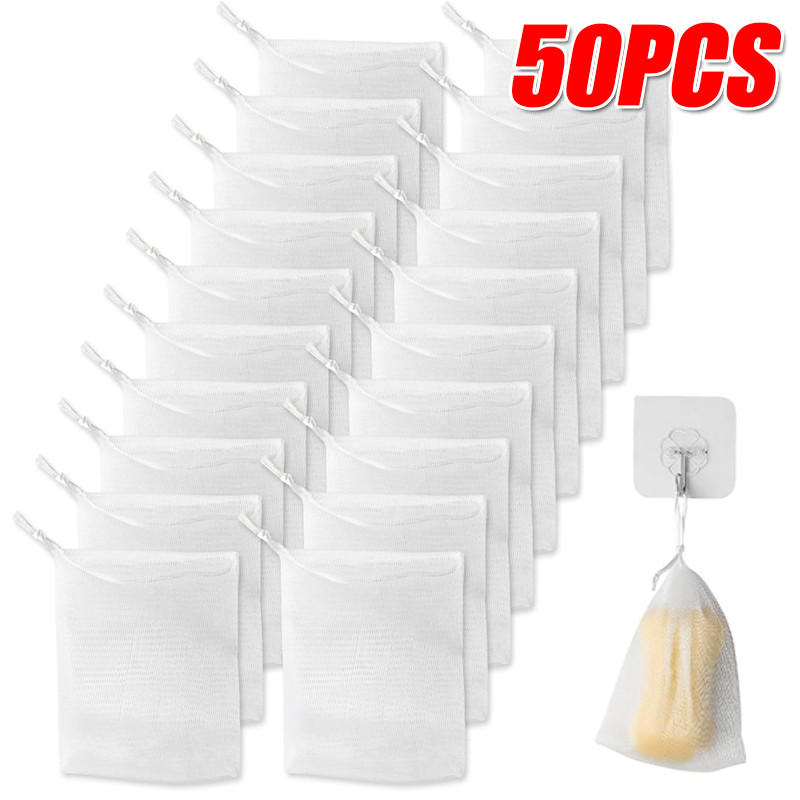 5-50 ชิ้น Foaming Net Facial Cleanser / Bubble Mesh Net กระเป๋าพร้อมเชือกรูด / Exfoliating Mesh Soap Saver กระเป๋ากระเป๋า