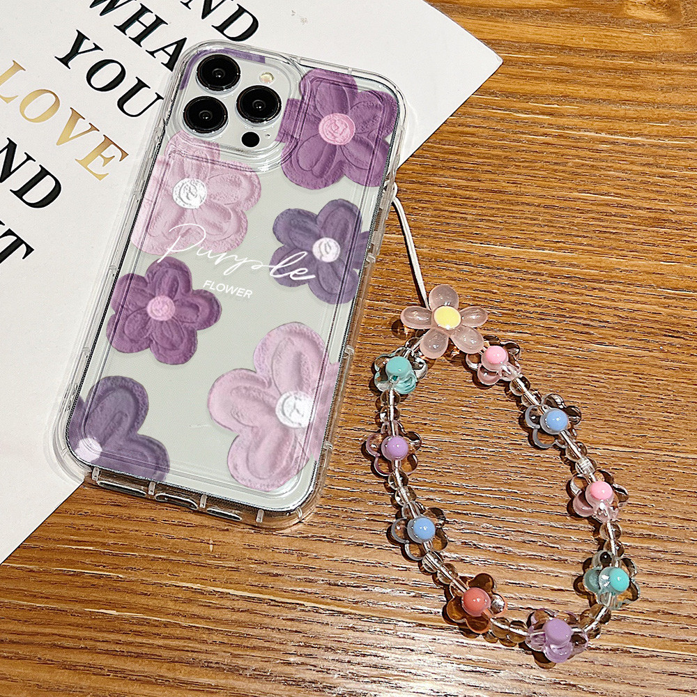 เคสใสไอโฟน ลายดอกไม้ มีสร้อยข้อมือ TPU for IPhone 11 15 13 16 17 14 12 Pro Max  Air เคสกันกระแทก