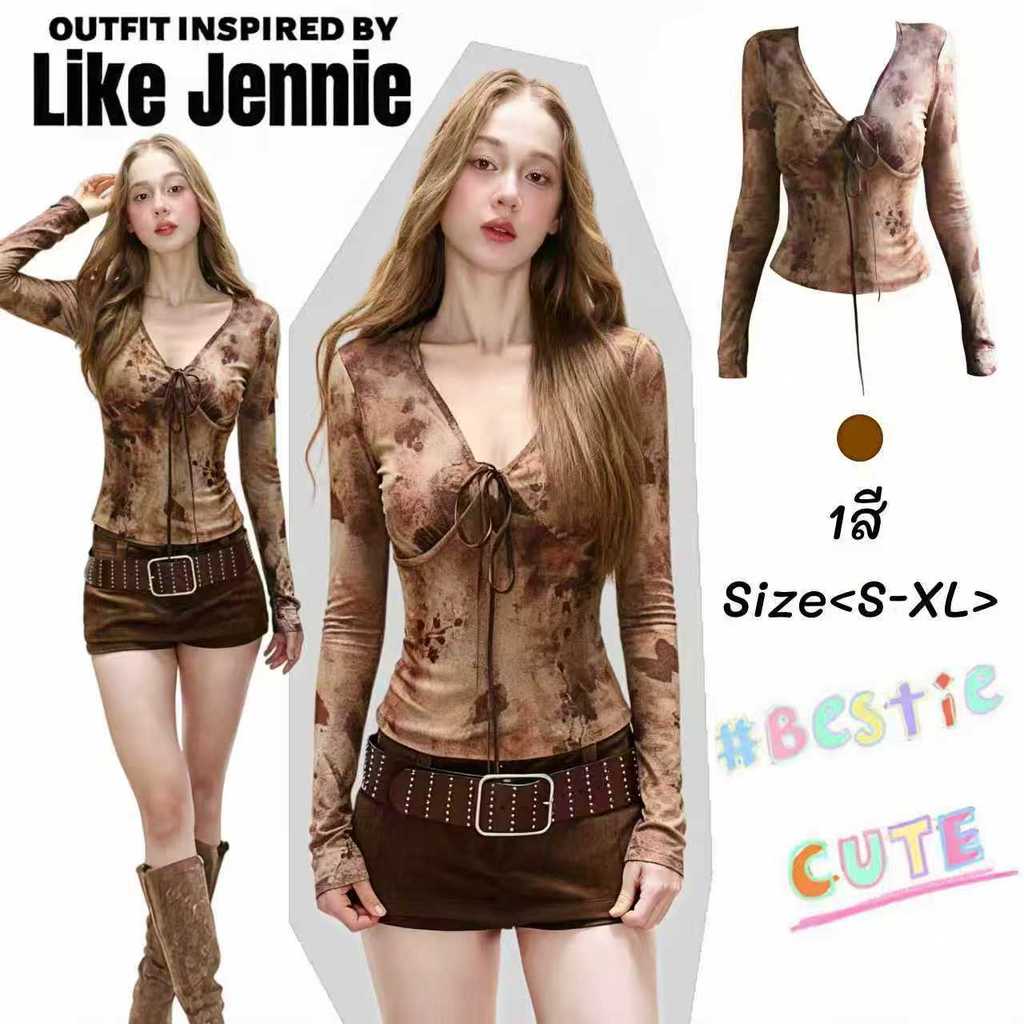 Jennie🍧พร้อมส่ง🌺เสื้อแขนยาวผูกโปว์คอวีเสีน้ำตาลซ็กซี่แฟชั่นผู้หญิงเสื้อครอป สไตล์สาวแซ่บย้อนยุคเก๋ไก๋เข้ารูปดูแพงงานดี