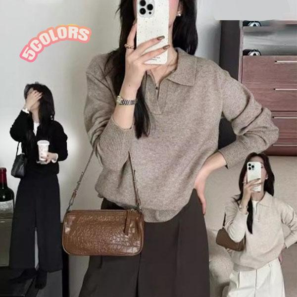 CHILI#เสื้อโปโลถักคอวีสไตล์เกาหลีฤดูใบไม้ร่วง/ฤดูหนาว 2025 ดีไซน์หลวมและเรียบง่าย#88046