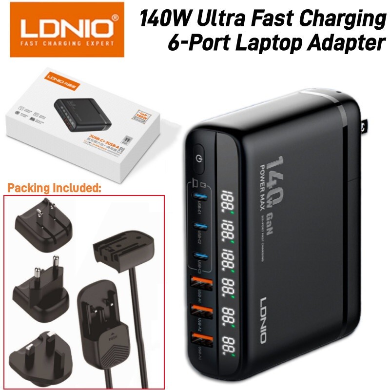 LDNIO 140W Ultra Fast Charging 6Port Laptop Chargers Adapter USBC And USBA PD Fast Charging Adapter
