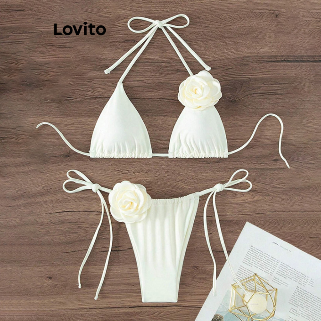 Lovito ชุดบิกินี่ผู้หญิง แบบผูกเชือก สีพื้น สไตล์ลำลอง LNE60537