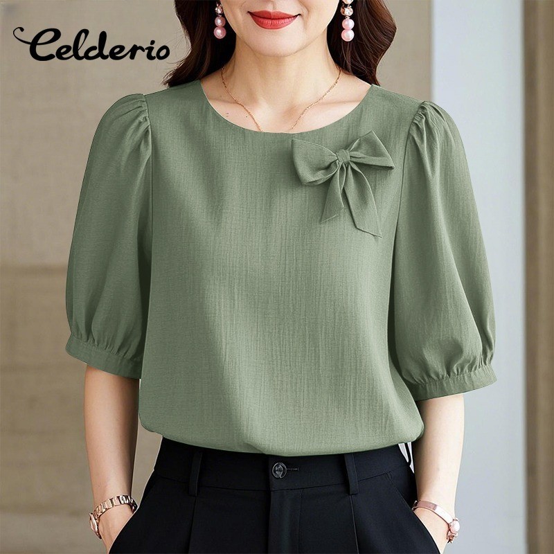 Celderio ผู้หญิงเกาหลี Elegant Mid Sleeve Puff Sleeve Round Neck Blouse Casual Tops
