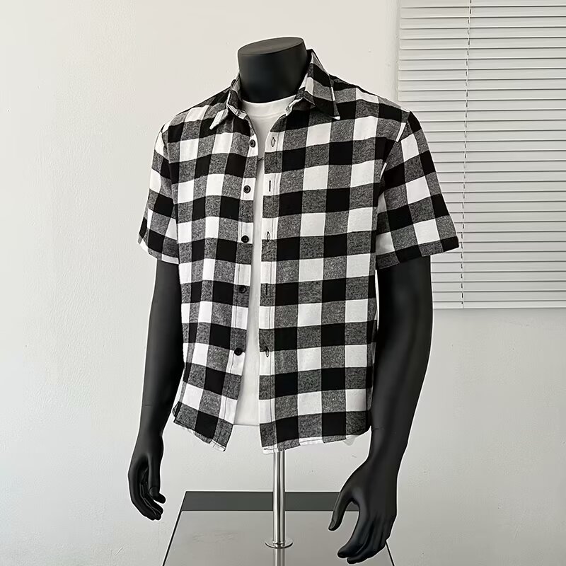 gq เสื้อเชิ้ต เสื้อลายขอ เสื้อเชิ้ตลายสก๊อตแขนสั้นไซส์ใหญ่สำหรับผู้ชายเสื้อเชิ้ตคอปกครึ่งแขนฤดูร้อนแ