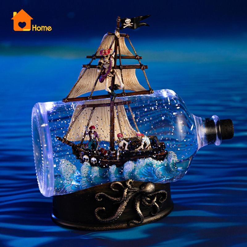 [นานาaa] Caribbean Pirate Model Ship in A Bottle Table Top Nautical Desk Decor กล่องดนตรีจําลองตกแต่
