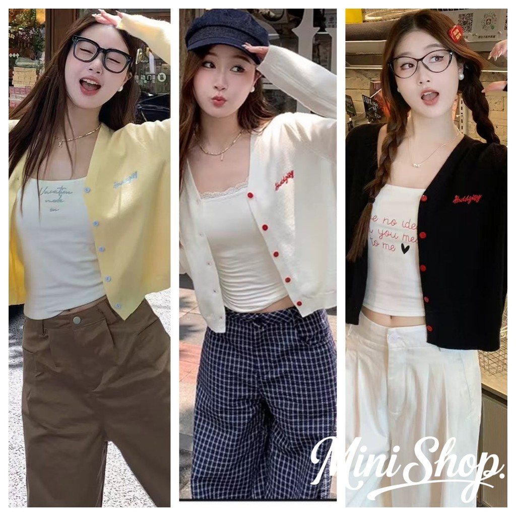 Mini shop🌸พร้อมส่ง🌸(Z-K117) เสื้อคาร์ดิแกรนแขนยาว ผ้าไหมพรม สีน่ารักใส่สบาย เกาหลีมาก ใส่สบาย ใส่สบาย เสื้อยืดคอกลม