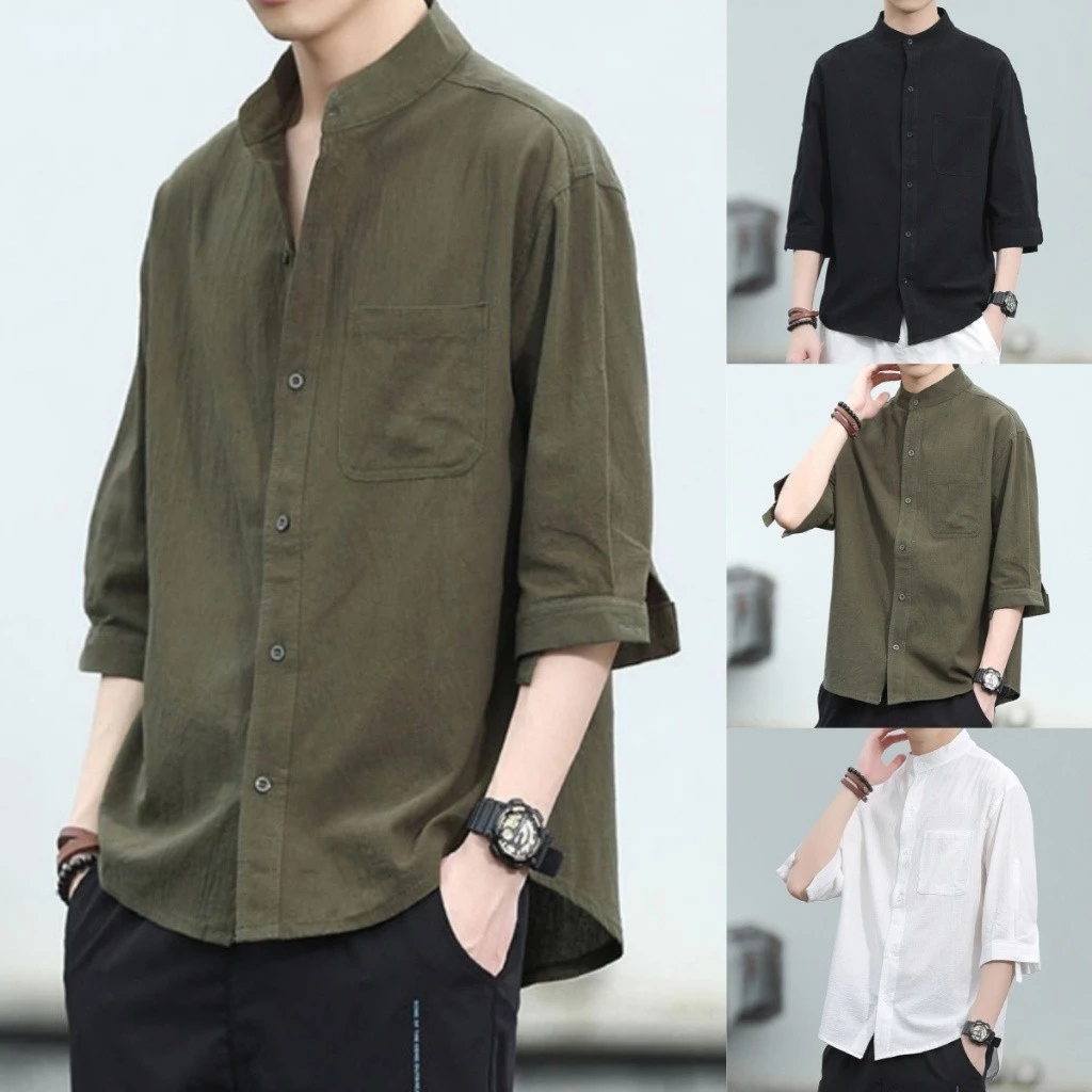 เสื้อเชิ้ตผ้าลินินผู้ชาย แขน 3/4 ทรงหลวม สไตล์มินิมอล ระบายอากาศดี