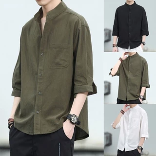 เสื้อเชิ้ตผ้าลินินผู้ชาย แขน 3/4 ทรงหลวม สไตล์มินิมอล ระบายอากาศดี