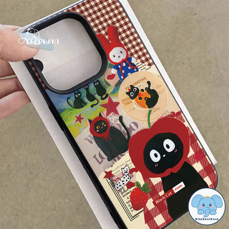 สำหรับ IPhone 17 Air 15 11 16 12 13 14 Pro Max XR X XS Max 7 16 8 Plus เคสหนังTPUนุ่มลายแมวดำลายตารางหมากรุกน่ารักและตลก - รูปที่ 5