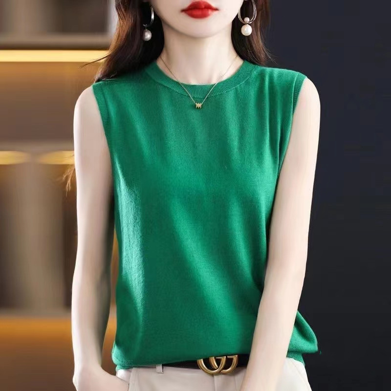 ใหม่สบายรอบคอสีทึบAll-Matchเสื้อกั๊กลําลองสุภาพสตรีถักผ้าฤดูร้อนจําU4GI