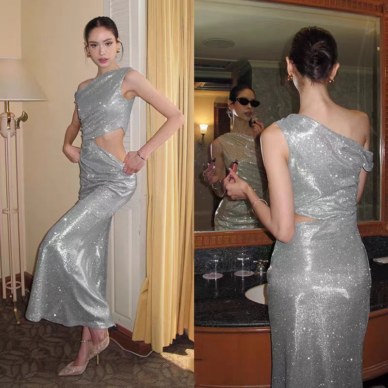 silver gray dress for wedding guest plus size formal sexy acquaintance party dress for women elegant