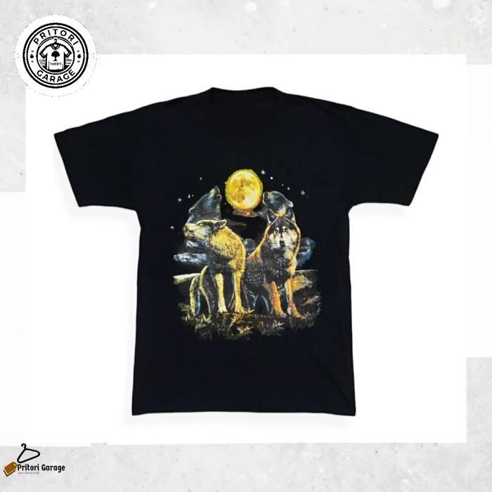 Animal Wolf Graphic T-shirt Big Print Dark Navy Color Vintage M