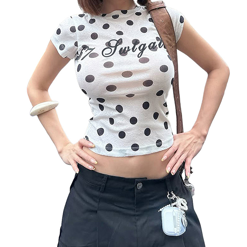 เสื้อยืดแฟชั่นสำหรับสตรี ทรงสไลม์핏 พิมพ์ลายตัวอักษร แขนสั้น คอกลมcroptop สำหรับฤดูร้อน