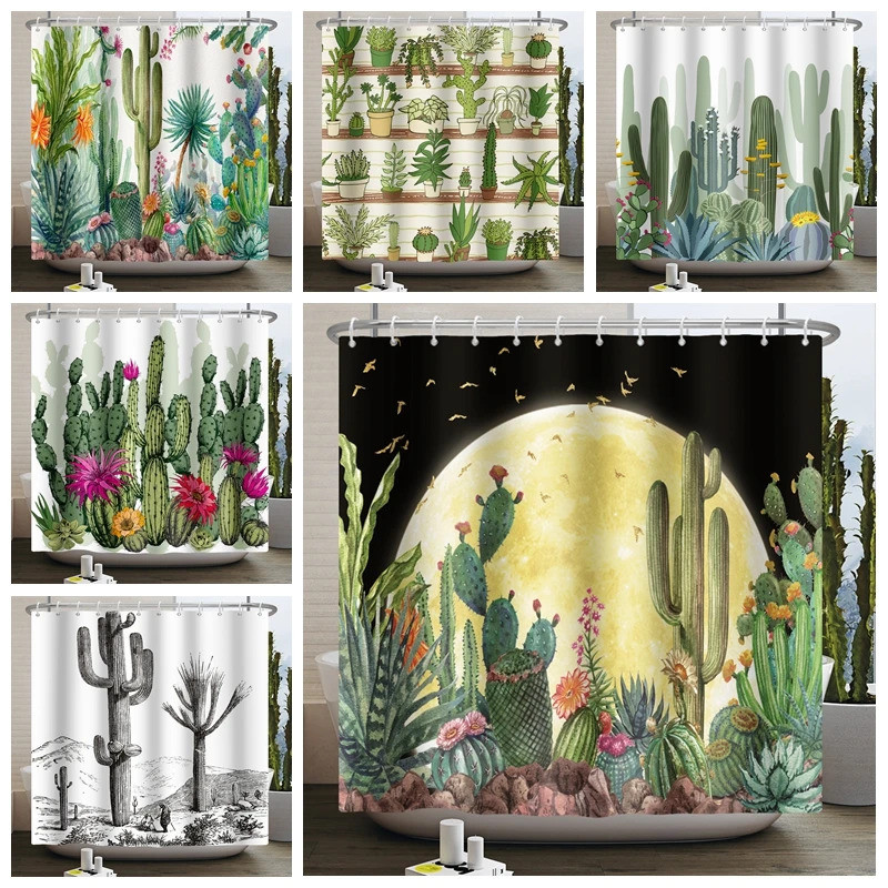 Green Plant Cactus Shower Curtain Tropical Botanical Flower Bathroom Shower Curtains Waterproof Fabr