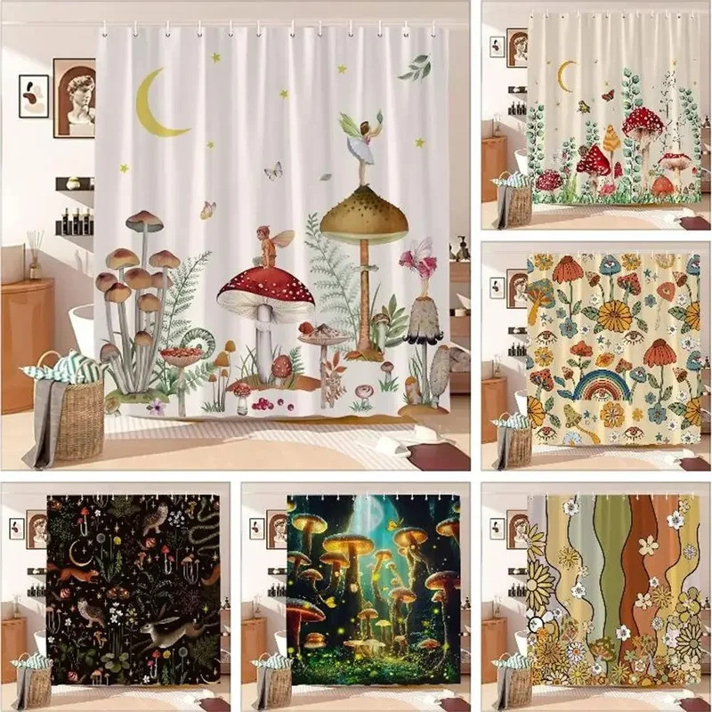 Mushroom Shower Curtain Retro Butterfly Floral Boho Moon Botanical Wildflowers Green Plant Aesthetic