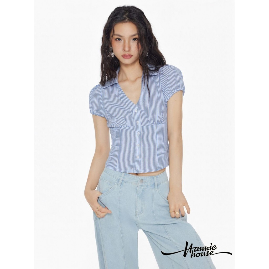 HANIE House - เสื้อเชิ้ตลายทางแขนฟองสำหรับผู้หญิง