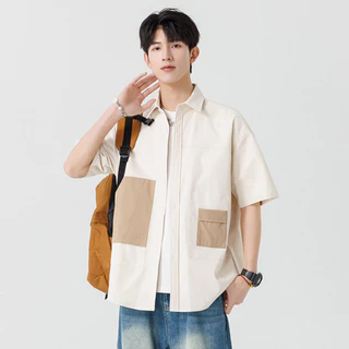 M-3XL เสื้อเชิ้ตแขนสั้นทรงเรียบง่าย คอเสื้อสีบล็อกทันสมัย ​​ทรงหลวม เสื้อคาร์ดิแกนอเนกประสงค์สำหรับผู้ชาย