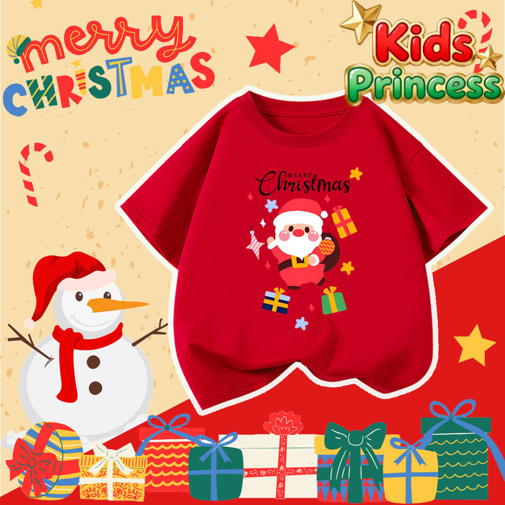 (จัดส่งตลอด 24 ชั่วโมง) สินค้าใหม่ เทศกาลคริสต์มาส เสื้อทีมงานปาร์ตี้ เสื้อสีแดง 2026 kids คอกลม Christmas t-shirt M225S