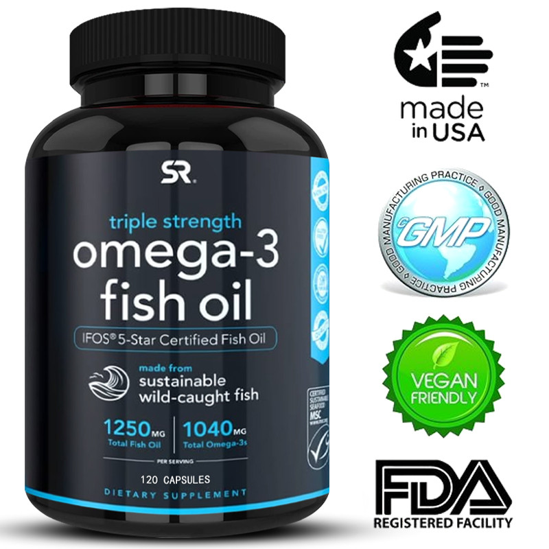 น้ํามันปลา Triple Strength Omega-3 บรรจุน้ํามันปลารวม 1250 มก. และโอเมก้ารวม 1040 มก.-3 - 30/60/120 แคปซูล ผลิตในอเมริกา