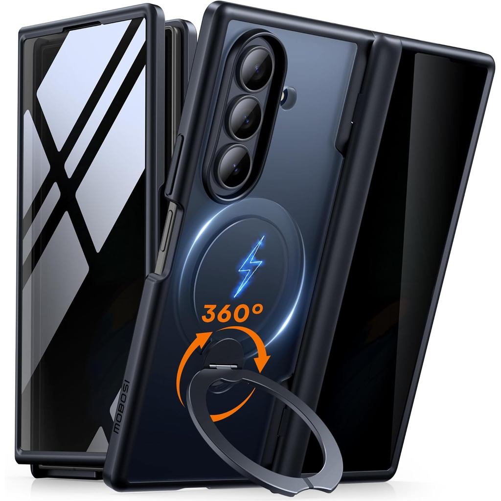 MOBOSI สําหรับ Z Fold 7 กรณีแหวนหมุนได้และตัวป้องกันหน้าจอความเป็นส่วนตัว 18FT MIL-เกรดป้องกัน,แม่เหล็กกันกระแทก Slim Case สําหรับ Samsung Galaxy Z Fold7, สีดํา