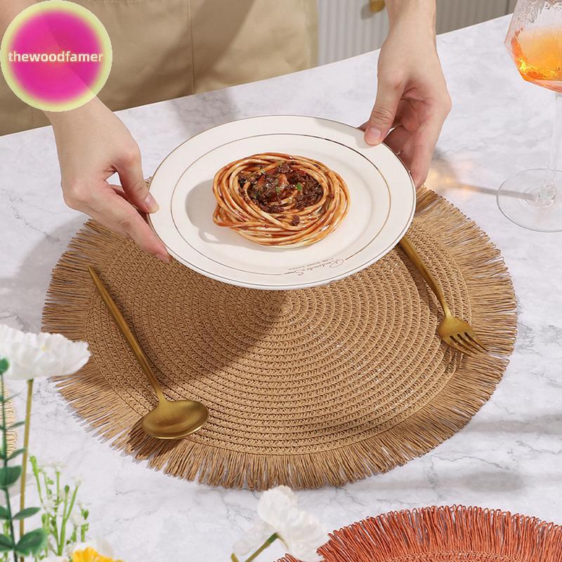Well รอบ Braided Placemats Fringe กระดาษตาราง Hand ทอลื่นฉนวนกันความร้อน Place Mats ถ้วยชา Pad โต๊ะร
