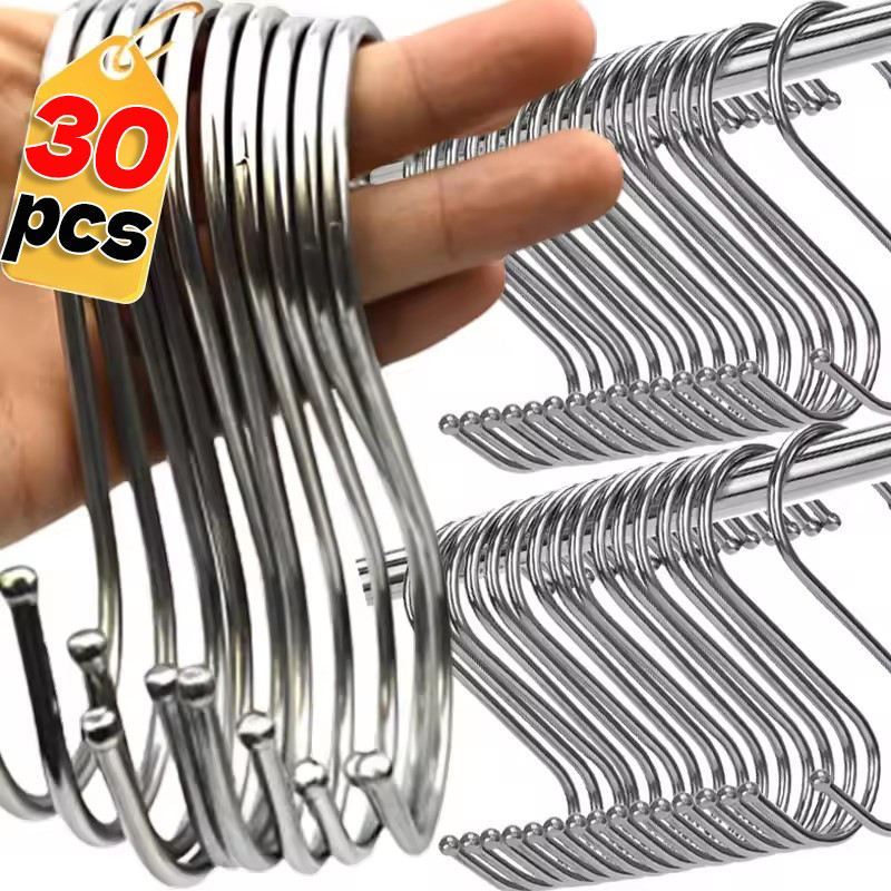 10/20/30 ชิ้นสแตนเลส S-Shaped Hooks - 9/7/5.5 ซม.มัลติฟังก์ชั่ผ้าขนหนูแขวนเสื้อผ้า Home Organizer