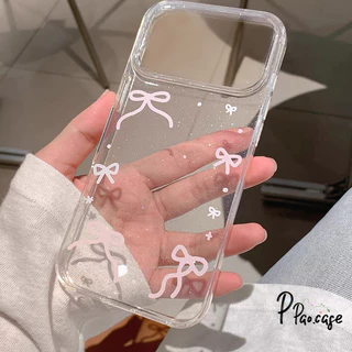 สำหรับ IPhone 13 17 16 Air 15 12 11 14 Pro Max XR X XS 7 8 14 15 6 Plus โรแมนติกสีชมพูโบว์ผูกปมผงซิลิโคนแวววาวฝาครอบใส