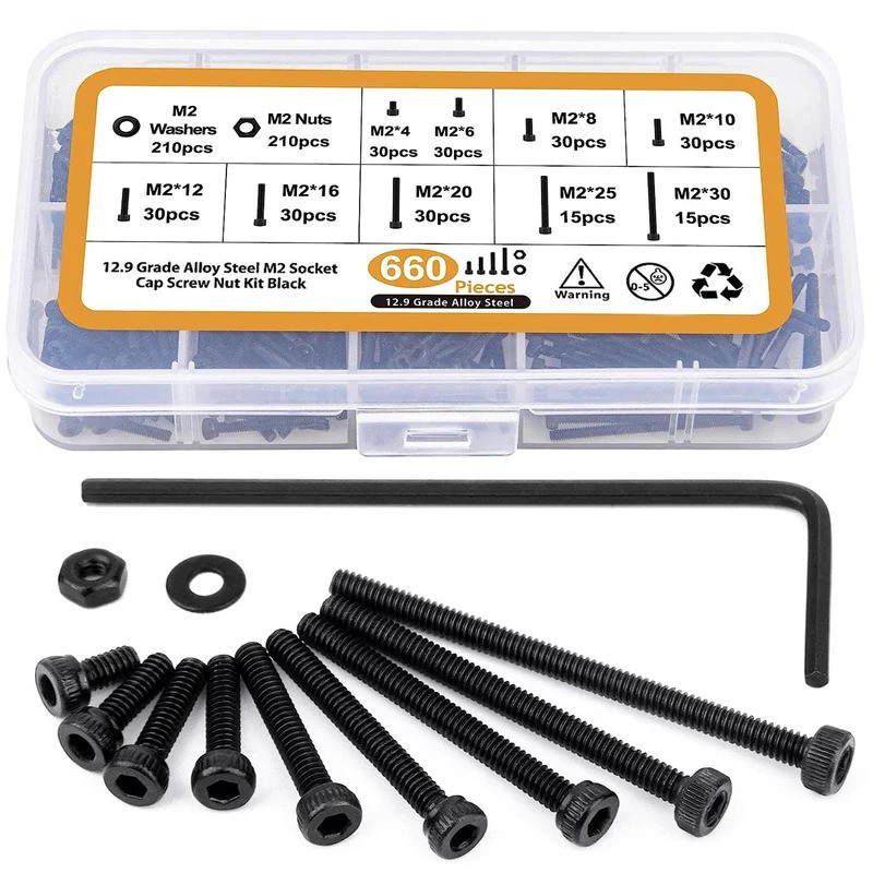 660Pcs M2 Screws Set M2 x 4/6/8/10/12/16/20/25/30mm Hex Socket Head Bolts Nuts Washers Assortment Ki